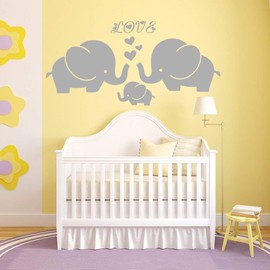 Large Cute Elephant Family with Hearts Wall Decals Baby Nursery Decor Kids Room Wall Stickers, (Large) 40''W x19''H, Grey