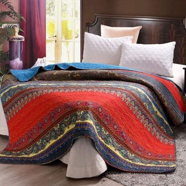 Exclusivo Mezcla Luxury Reversible Cotton Paisley Boho Striped Quilted Twin Size (60x80 Inch) Multicolored Bed Blanket, Machine Washable and Dryable, Red and Blue