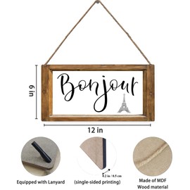 Mdulftar Eiffel Tower Welcome Door Sign France Letter Bonjour Wooden Hanging Sign 12" x 6" Rectangular for Indoor Outdoor Home Porch Window Decor