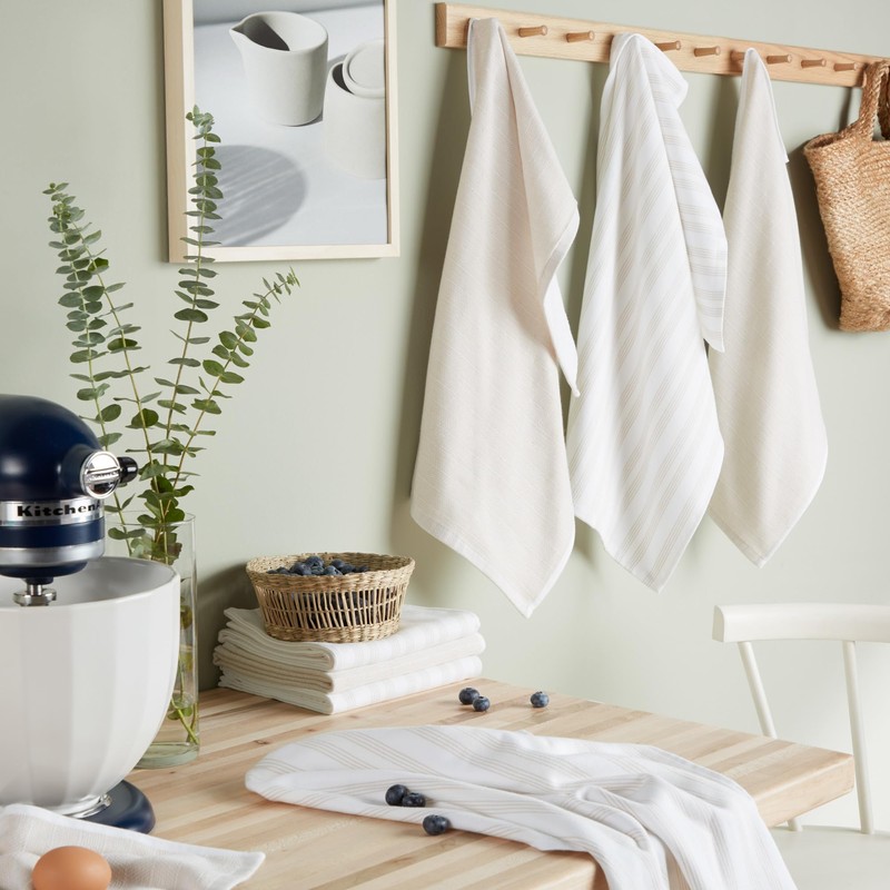 KitchenAid Chambray Stripe Kitchen Towels 8-Pack, Absorbent 100% Woven Cotton,