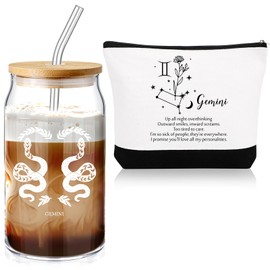 Sliner 2 Set Christmas Zodiac Gift for Women 16 oz Celestial Zodiac Signs Glass Cup with Lids Straws Horoscope Flower Sign Make up Bag 12 Constellations Thanksgiving Gift for Men Birthday(Gemini)
