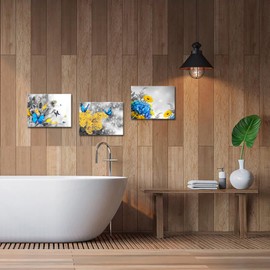 Kalormore 3 Pieces Black White Yellow Flowers Canvas Wall Art Blue Butterfly Modern Artwork Giclee Prints for Bathroom Bedroom Living Room Home Office Gift