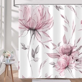 Pink Grey Watercolor Floral Shower Curtain, Flower Leaves Minimalist Aesthetic Art Shower Curtains for Bathroom Sets Decor, Waterproof Polyester Cloth Fabric with 12 Hooks,72x72 Inch