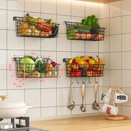 Sonyabecca 4 Pack Hanging Wall Basket for Organizing, Large Wire Basket for Storage Pantry with 5 S Hook+4 Adhesive Hook, Wall Mounted Shelf for Kitchen Bathroom