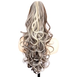 BOBIYA 24 Inches Claw Clip in Loose Curly Synthetic Wrap Around Ponytail Extensions Pony Tail Clip In Extensions (Dark Browm Mix White Blonde)