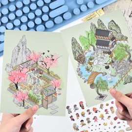 4 Sets Vintage 3D Sticker Scene 3D House Stickers with Tweezers Vintage Mountain Courtyard Natural Scenes Make Your Own House Miniature Scene Stickers