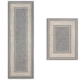 Machine Washable Non-Slip Rubberback Bordered Design 2x5/2x3 2PCS Set Indoor Runner Rug/Area Rug for Hallway, Kitchen, Entryway, Bathroom, 2 Piece Set - 20" x 59" / 2'3" x 3', Light Gray