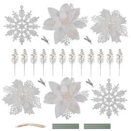 RECUTMS 60 PCS Poinsettia Christmas Decor Set 18pcs Artificial Poinsettia Flowers with 12pcs Glitter Berry Stems 12 Pole 12 Clips Glittering Xmas Tree Ornaments Wedding Wreath Decor (White)