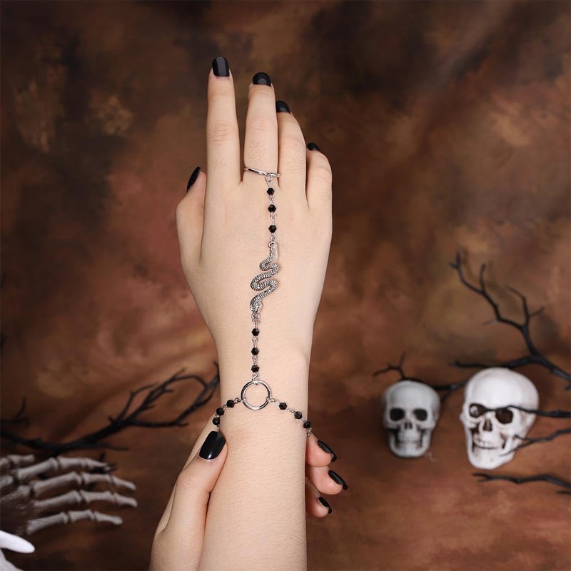 Obmyec Snake Finger Ring Bracelets Crystal Hand Harness Bracelet Black