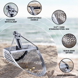 CKG Sand Scoops for Beach Metal Detecting Stainless Steel Beach Metal Detecting Shovel Underwater Treasure Hunting, Metal Detector Accessories(Bag + Scoop + Carbon Fiber Handle), (11x8 + Handle)