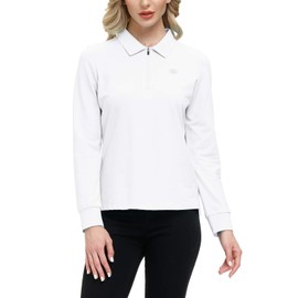 JINSHI Women's Tennis Polo Shirts Long Sleeves Simple Soft Training Tops with Fashion Zipup Casual Wear White S