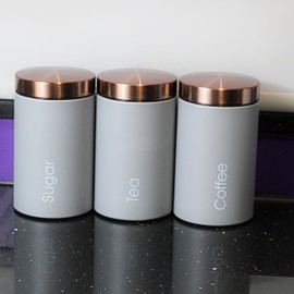RLS Goose Grey Set of 3 Tea, Coffee, Sugar canisters Storage Container Set for Kitchen Accessories & Essentials | Grey & Copper