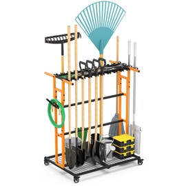CCCEI Garage Organization with Wheels, Outdoor Gargen Yard Shed Tools Organizer Cart, Home Storage for Cleaning Supplies, Broom Holder, for Shovel and Rake, Long Farming and Farming Tools, Orange.