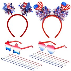 BEBAOVO Patriotic Party Accessories Set, Star and Heart Headbands, Sunglasses, Red White Blue Beaded Necklaces, 4th of July Celebration Independence Day Memorial Day Supplies