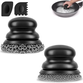Onewly Cast Iron Scrubber (1Pack Black Coarse Mesh + 1Pack Black Fine Mesh) and and Scraper, Chain Mail Scrubber for Cleaning Stock Pots, Pans, Griddles, Grills, Cast Iron Skillets, Dish Scouring Pads