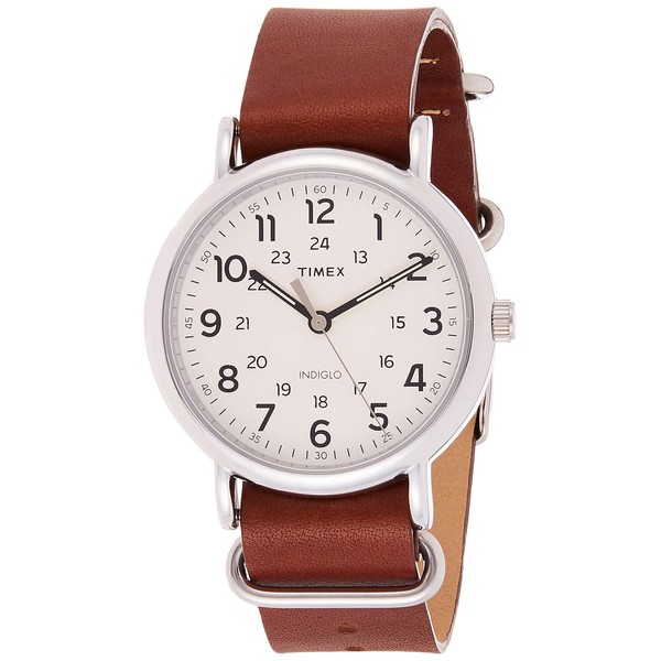 Timex Weekender 40mm Unisex Analogue Quartz Watch with White Dial and Brown Leather Strap T2P495