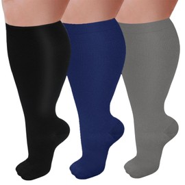 GET-FA 3 pares de calcetines de compresión de talla grande para mujeres y hombres, pantorrilla ancha de 20 a 30 mmhg, soporte alto para la circulación, 05-negro/gris/azul marino, XXXL