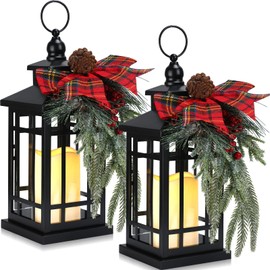 2 Pcs Christmas Decorative Lanterns Black Metal Christmas Party Hanging Candle Lantern Vintage Flameless Decorative Lanterns with LED Lights for Indoor Outdoor Christmas Home Table Porch Party Decor