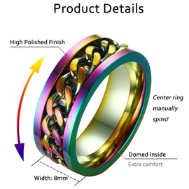 ALEXTINA Men's Women's 8MM Rainbow Stainless Steel Chain Spinner Ring Wedding Band Size 11