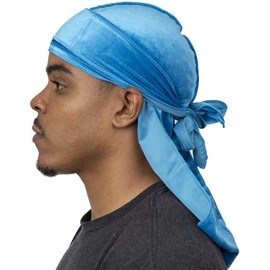 Veeta Durag de terciopelo superior – Durags de terciopelo suave para hombres y mujeres, correas largas dobles anchas, forro Durag sedoso, triple costura, Azul bebé, Talla única