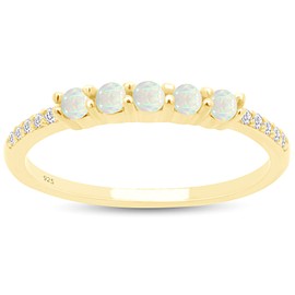 AFFY Five Stone Design, Dainty 14k Yellow Gold Plated 925 Sterling Silver Round Cut Created Opal And Cubic Zirconia Stackable Ring Jewelry For Women Size -8