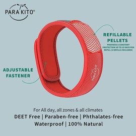 PARA'KITO Mosquito Insect & Bug Protection Wristband - Mosquito Stickers & Bug Spray Alternative - Summer Essentials, Beach Accessories, Hiking & Camping Essentials - Natural Essential Oils (Red)