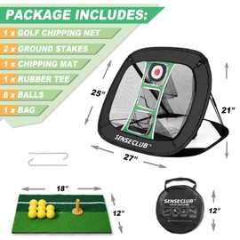 SENSECLUB Golf Chipping Net, Pop Up Chipping Net and Mat, Golf Target Practice Net with Tee and Balls, Backyard Golf Games Accessories Golf Gifts for Golfers