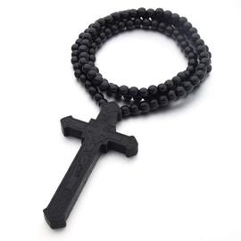 Caiyao Hip-Hop Natural Wood Cross Pendant 8MM Wooden Bead Chain Rosary Necklaces for Men Women-Black