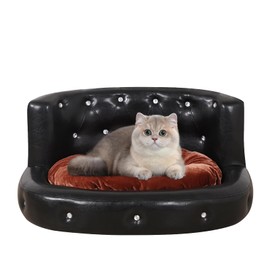 Pet Sofa/Dog Bed, OVA PVC Cat Bed, Mini Animal Sleeping Bed, Crystal Button Modern Pet Couch Bed (Black)