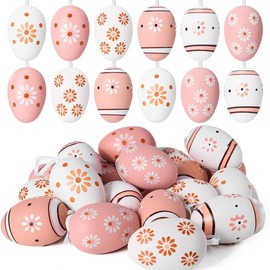 JOYIN 24 Pcs Plastic Easter Hanging Eggs with Ribbon, 2.36'' Easter Wooden Printed Brown & White Eggs for Easter Decorations Home, Spring Decorations, Easter Tree Basket Ornaments