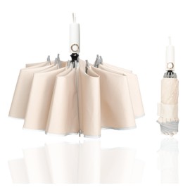 Travel Umbrellas Windproof Inverted Portable Reverse Folding Car Umbrella For Rain and Sun, Lightweight<1lb, Durable, Compact, Waterproof, Auto Open Close,Large Umbrella 46 Inch,10 Ribs, for Women Men, Fits Backpack (Beige)