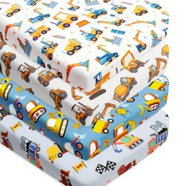 4 Pack Baby Boy Crib Sheets Set Soft Fitted Construction Truck or Dinosaur Theme Baby Boy Mattress Covers Breathable Toddler Sheets for Infant or Newborn Boys (Construction, Crib Sheets)