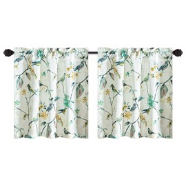 Leeva Green Bird Small Window Curtain Panels, 36 Inch Length Sets Bird and Floral Pattern Design Short Small Curtains for Kitchen Office Cafe Studio, 2 Panels, Rod Pocket