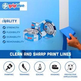 GripBlue Blue Painters Tape 1.5 inch Wide, Masking Tape Blue 1.41in x 60yds, 30 Rolls of Blue Paint Tape, 1.5 Inch Painters Tape for Sharp Lines, Blue Tape is Surface-Safe & Residue-Free