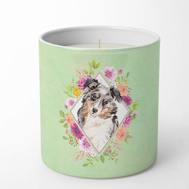 Caroline's Treasures CK4427CDL Australian Shepherd Green Flowers 10 oz Decorative Soy Candle Nature Soy Wax Essential Oil Home Decor Ideal for Bedroom Kitchen Bath Office Gift, 10 oz