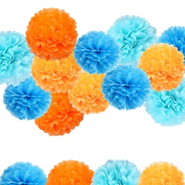 AimtoHome Blue Orange Pom Poms Party Decorations, 12 PCS Tissue Pom Poms for Birthday Party, Family Gathering,Wedding,Boy or Girl Nursery Classroom Decoration