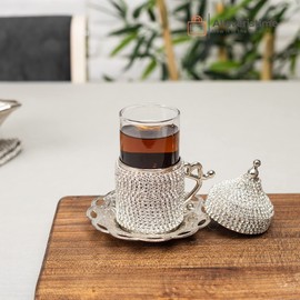 Alisveristime Crystal-Embellished Turkish Tea Glass Set with Zamak Holders and Saucers (SET of 6) (Silver)