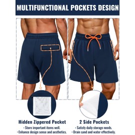 Mens Swim Trunks with Compression Liner Mens Bathing Suit 7 Inch Inseam Beach Shorts for Men Swim Shorts Men's Swimsuit Navy