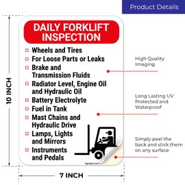 Daily Forklift Inspection Sign, 10x7 Inches, 4 Mil Vinyl Decal Stickers Weather Resistant, Made in USA