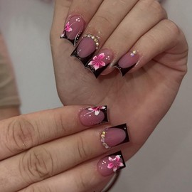 24Pcs Black French Tip Press on Nails Medium Square Flower Fake Nails with Rhinestones Glue on Nails Full Cover Pink False Nails Hibiscus Flower Artificial Stick on Nail Spring Acrylic Nails for Women