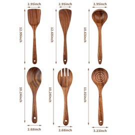 Natural Teak Wood Cooking Utensils, Wooden Spatula Set with Paddle, Turner, Slotted Spurtle & Scraper, Long Ergonomic Handle, Safe for Non-Stick Pans (6 Pack)