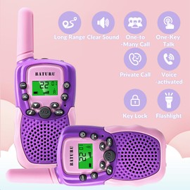 BATURU Walkie Talkies for Kids 2 Pack Purple, Girls Toys Age 6-8 8-10 Birthday Gifts, Indoor Play, Outdoor Camping & Hiking, Toddler Walkie Talkies Age 3-5, Easy to Use, 22 Channels, 3 Miles Range