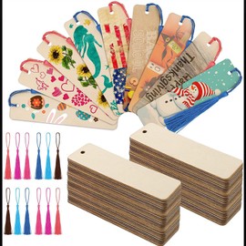 50 Pieces Wood Blank Bookmarks Set with 50 Pieces Colorful Tassels, for DIY Craft Wedding Birthday Party Decor Classroom Projects and Gifts Tags