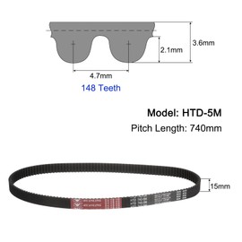 uxcell HTD-5M Rubber Timing Belt 148 Teeth, 740mm Pitch Length x 15mm Width x 3.6mm Height, Closed Loop Pulley Timing Belt