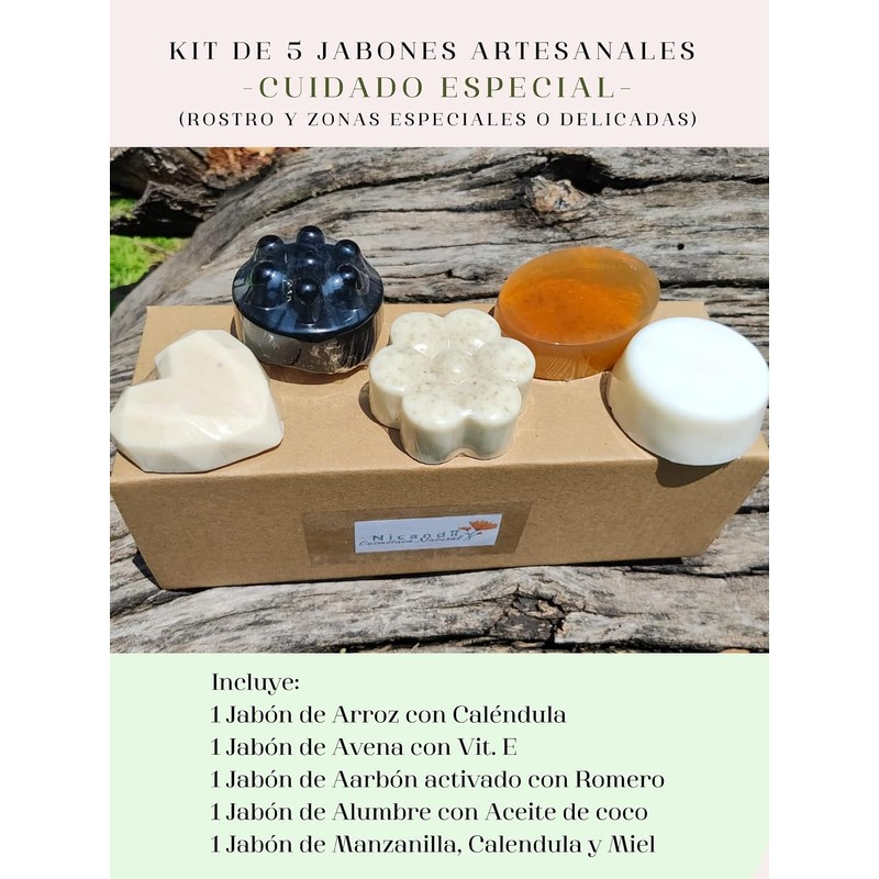 Jabones artesanales: Arroz con calendula, Carbón activado con romero, Avena