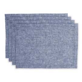 Solino Home Linen Placemats 19" L x 14" W Inch – 100% Pure Linen Hemstitch Chambray Indigo Placemats Set of 4 – Milan, Cloth Fabric Placemats for Spring, Winter
