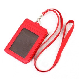 Pit Life Leather Pass Case (Red/Neck Holder with Coin Pocket), IC Card, Employee ID Registration Holder, Colorful, Clear Window, Double-Sided, Card Slot, Men's, Women's