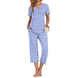 Anyally Women's Pajama Set Plus Size Short Sleeve Top and Sleepwear Pants 2 Piece Lounge Sets Summer Ladies Pjs Sets with Pockets, XL Spotted Blue