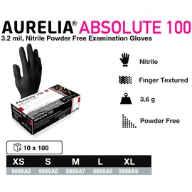 Aurelia - Absolute 100-100 Nitrile Single Use Gloves Black Powder Free - Hypoallergenic - Textured Fingertips - Ambidextrous (100, Large)