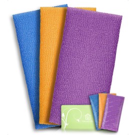 CasaVida Exfoliating Washcloth Back Scrubber for Shower Exfoliating Body Scrubber Japanese Beauty African Net Sponge Bath Korean Loofah Towel Wash Cloth Body Scrub 3 Pack (Orange + Purple + Navy-Blue)